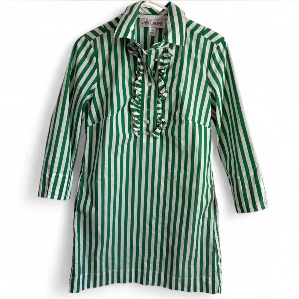 Sara Campbell Anne Marie Green and White Striped Mini Dress, Size XS